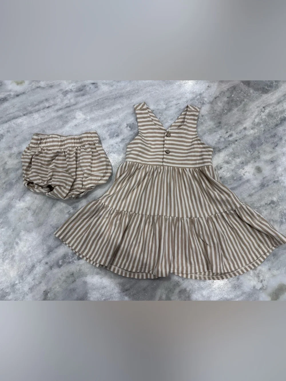 Rylee + Cru Beige and White Striped Tiered Cotton Dress with Bloomers